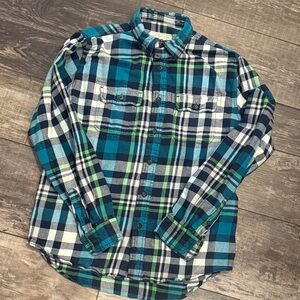 Aero Blue and Green Plaid Flannel Button-Up Shirt